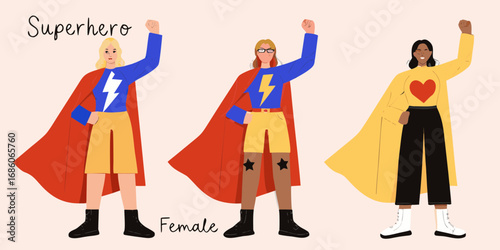 Three diverse female superheroes standing with fists raised in a powerful stance wearing capes and costumes