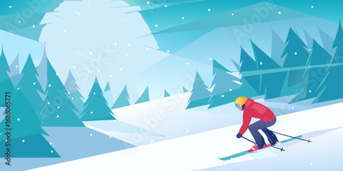 A skier in a red jacket and yellow helmet gracefully descends a snow covered mountain slope surrounded by pine trees