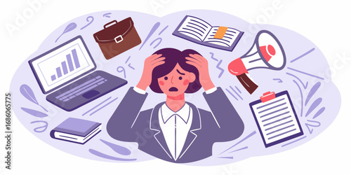 Overwhelmed businesswoman with hands on head surrounded by work items and stress symbols