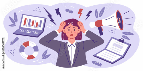 Overwhelmed businesswoman experiencing stress and anxiety from work pressure and deadlines
