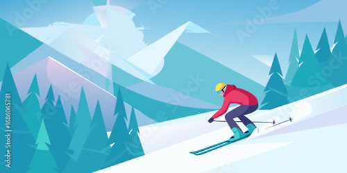 Stylized illustration of a skier descending a snow covered mountain slope surrounded by pine trees and abstract geometric peaks