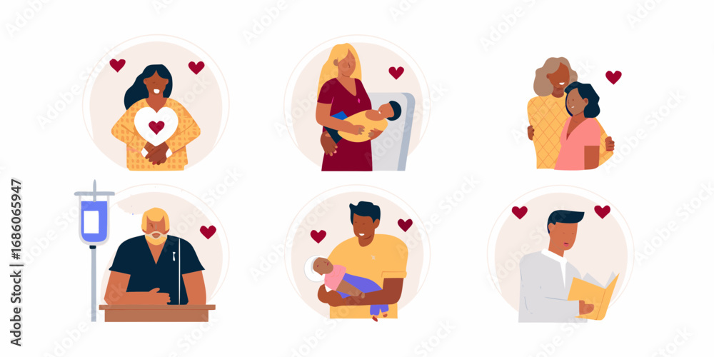 Fototapeta premium Diverse families and medical professionals showing love and care in various heartwarming scenes