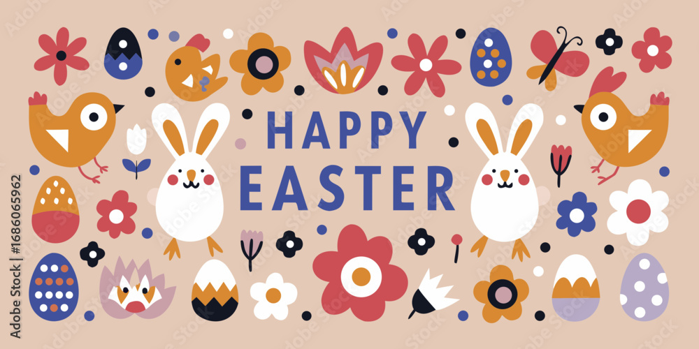 Naklejka premium Happy easter greeting with cute chicks bunnies and colorful spring flowers and eggs