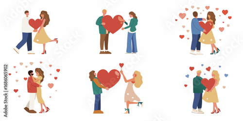 Diverse couples sharing large red hearts in romantic poses surrounded by floating hearts