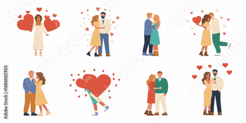 Diverse couples embracing and holding hearts symbolizing love and romance on valentine s day
