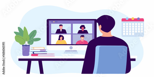 Person participating in a video conference call with colleagues from home office setup