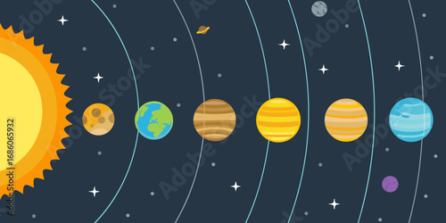 Stylized illustration of the sun and planets orbiting in our solar system against a dark starry background
