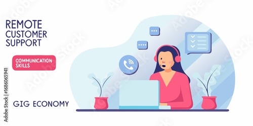 Woman working remotely in customer support with headset and laptop communicating online