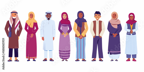 Diverse group of men and women in traditional islamic clothing standing together