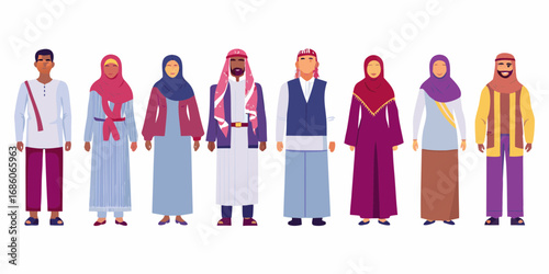 Diverse group of people in traditional middle eastern and islamic clothing standing together
