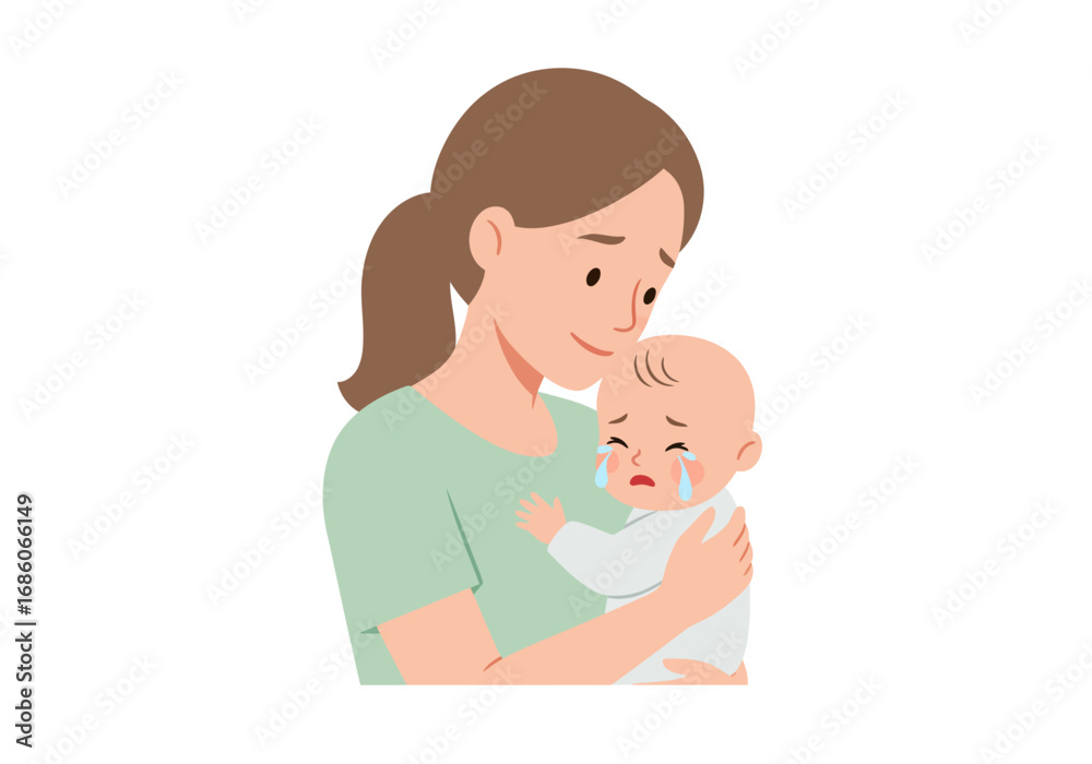 Mother comforts crying baby, showing love. Suitable for parenting blogs, childcare literature, emotional support resources, and familyrelated content.