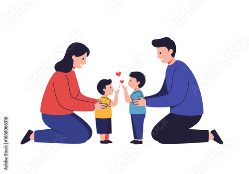 Family portrait with parents and two kids, suitable for familyoriented marketing campaigns, website banners, and parentingrelated content.