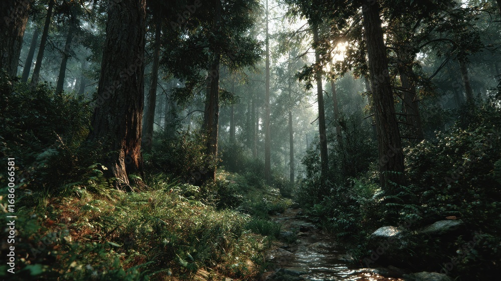 Obraz premium Enchanting Sunlight Filtering Through Dense Verdant Forest Canopy