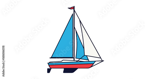 Illustration of a sailboat with blue sails and a red hull isolated against a plain white background creating a simple nautical themed image