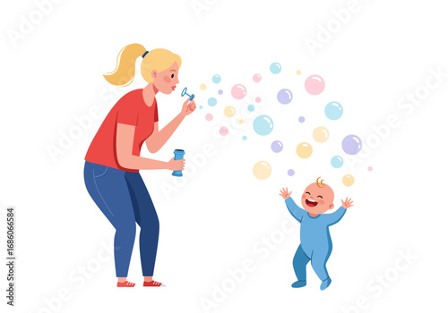 Woman blowing bubbles for laughing baby. Perfect for parenting articles, childcare resources, and familyrelated designs. Ideal for marketing materials.