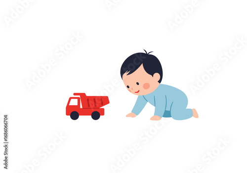Baby in pajamas crawls towards red toy dump truck. Perfect for nursery decor, parenting blog, childrens book illustration, and baby product designs.