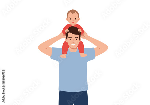 Father holding baby on shoulders, smiling happily. Suitable for family, parenthood, fatherhood, love, fatherson bonding concepts in design projects.