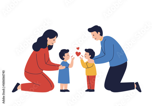 Family with hearts hovering above them. Suitable for familyoriented content, valentines day, love and bond themes, and parenting resources.