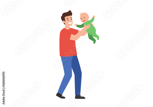 Smiling father holding baby aloft, showcasing love and playfulness. Suitable for family, parenting, love, happiness, and fatherhood concepts.