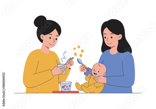 Two women feeding a baby in a colorful and vibrant digital art design, perfect for parenting blogs and baby product advertisements.