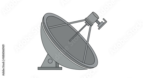 Illustration of a parabolic dish antenna communication system for receiving information depicted on a white background isolated for easy insertion