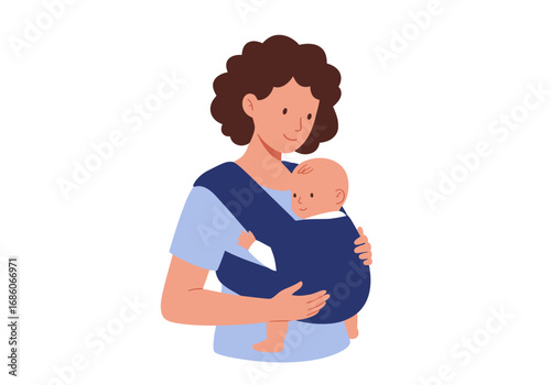 Mother holds baby in carrier on white background. Suitable for parenting, family, childcare, baby products, and motherhood concepts.