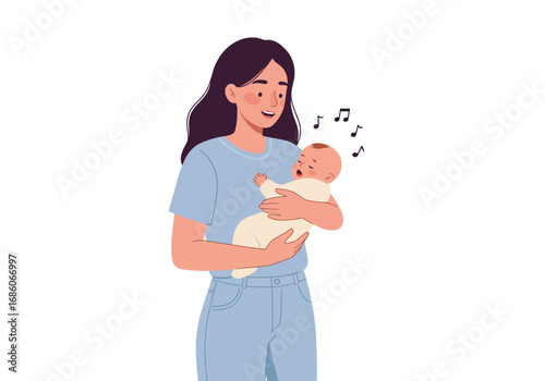 Smiling mother holds crying baby with musical notes. Perfect for parenting blogs, musicrelated content, childcare websites, or lullaby promotions.