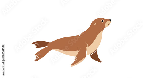 Playful depiction of a sea lion waddling on land, isolated on a clean white background, showcasing a cartoon animal with an optimistic mood
