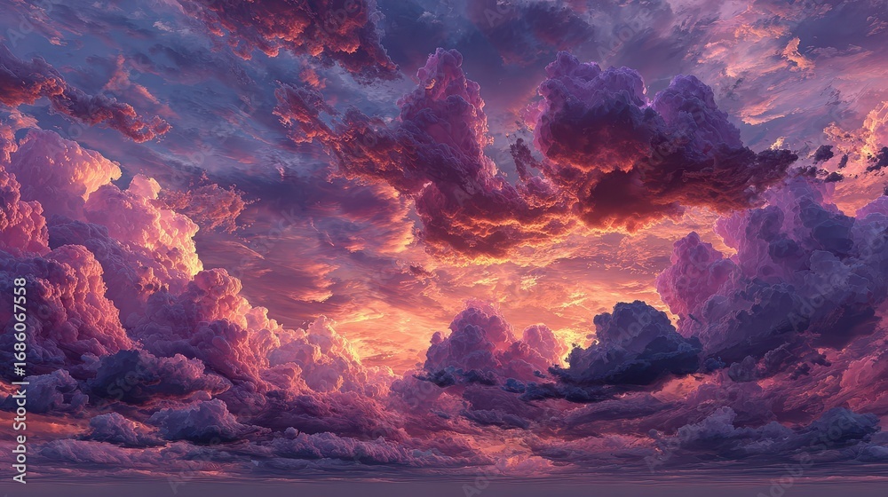 Fototapeta premium Beautiful purple sky with clouds and a sun in the background