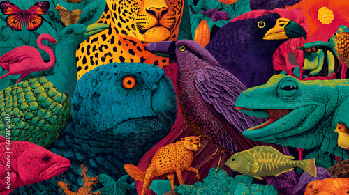 Vibrant artistic collage of diverse jungle and rainforest animals.