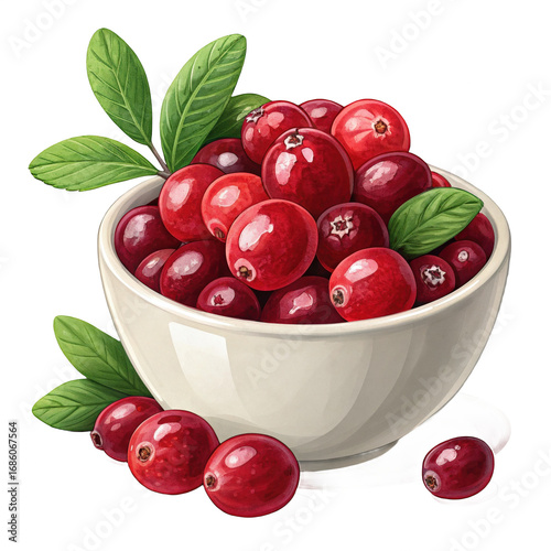 Fresh cranberries in bowl for healthy eating and thanksgiving harvest on transparent background