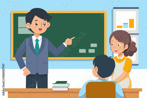 Teacher in suit engaging with students in classroom setting, with books and chalkboard in background, creating an inviting back-to-school atmosphere