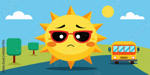 Sad sun character wearing sunglasses, observing a school bus on a road, surrounded by trees and a bright blue sky, symbolizing the end of summer and the return to school