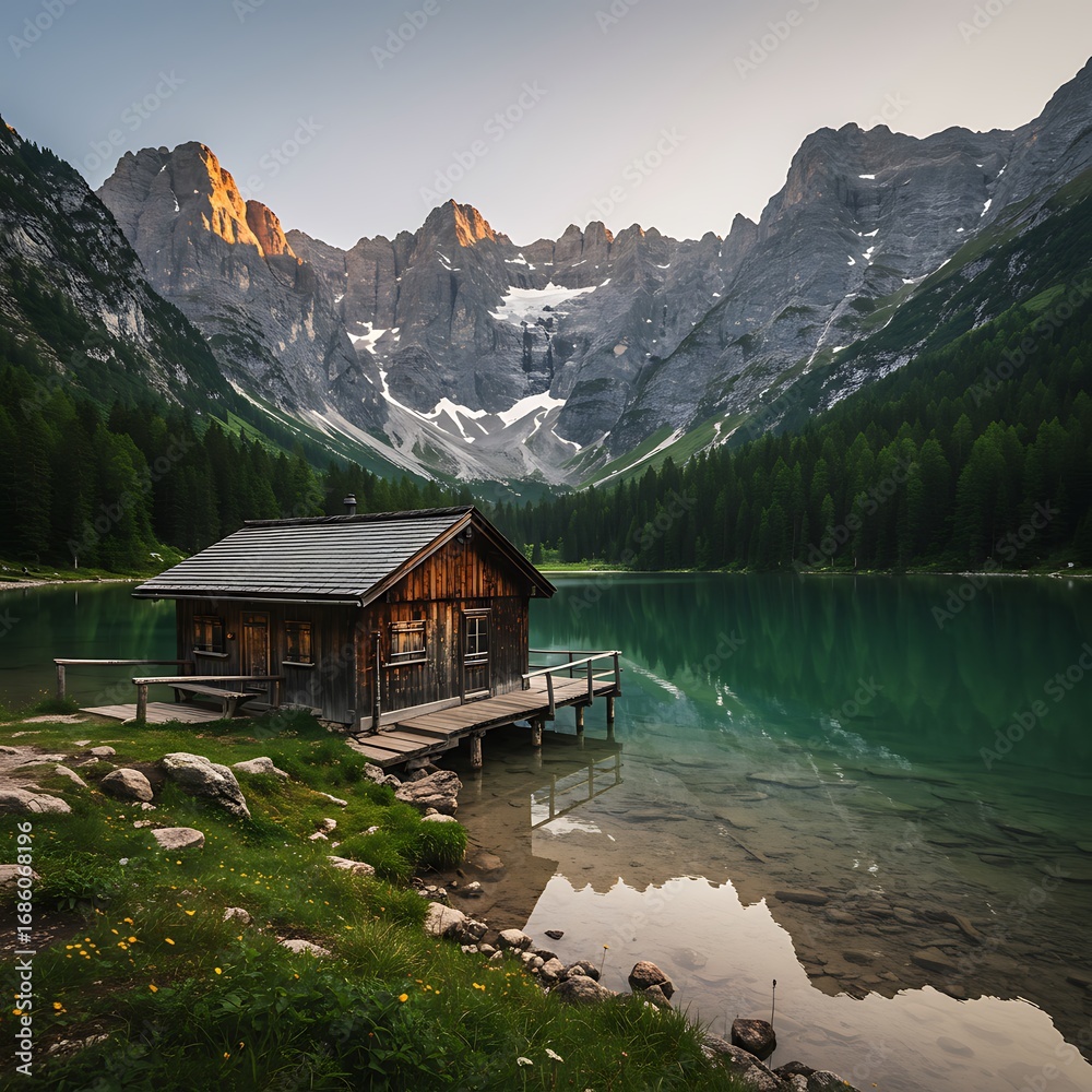 Fototapeta premium Picturesque wooden cabin by a serene mountain lake, reflecting majestic peaks and a lush forest, epitomizing natural tranquility and a peaceful escape