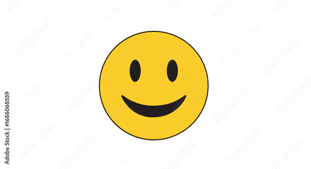 Fototapeta premium A simple yellow smiley face on a white background represents positivity and joy, symbolizing a cheerful emotion with its iconic design