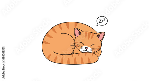 A charming cartoon drawing showcases a peaceful orange tabby cat curled up and fast asleep, exuding warmth and tranquility on a simple white backdrop