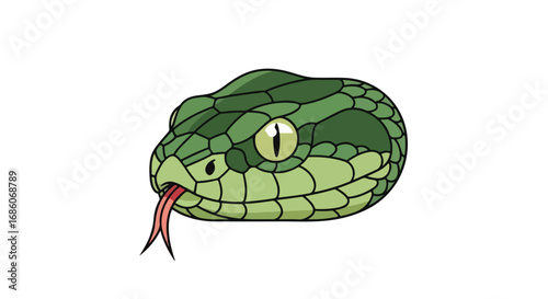Emerald serpent visage featuring a bifid tongue slithering in a stylized presentation showing reptile beauty, on a solid background