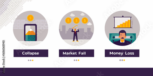 Financial crisis and market downturn illustrated with icons representing collapse market fall and money loss