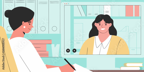 Two women having a video conference call in a modern office setting with binders and books