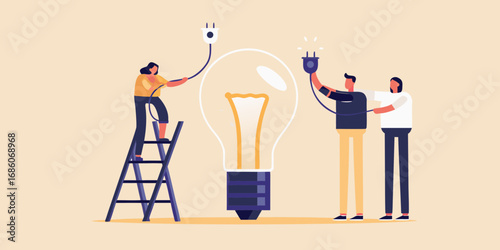 Teamwork and collaboration to bring a bright idea to life by connecting plugs to a giant light bulb