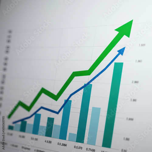 Financial chart shows upward trend, business is optimistic with market growth and performance, indicates success and profitability of investment