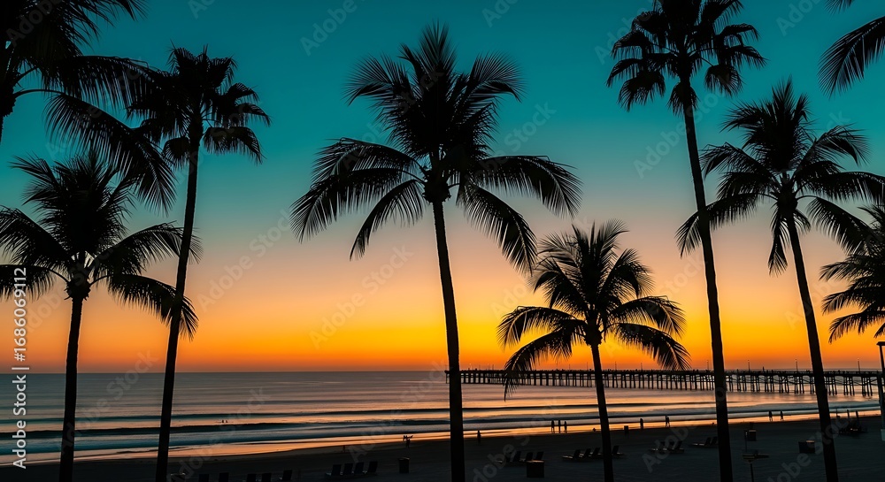 Obraz premium Beautiful sunset at the beach with palm trees silhouette and ocean view