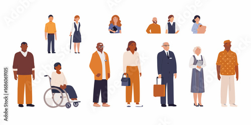 Diverse group of people with different ages genders and professions standing together