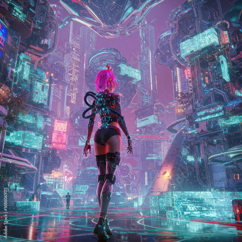 Metaverse avatar gazes with wonder at vibrant digital landscape, fascinated by neon lit buildings and futuristic architecture