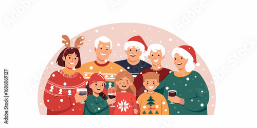 Diverse multi generational family in festive christmas sweaters celebrating together with drinks and snowflakes