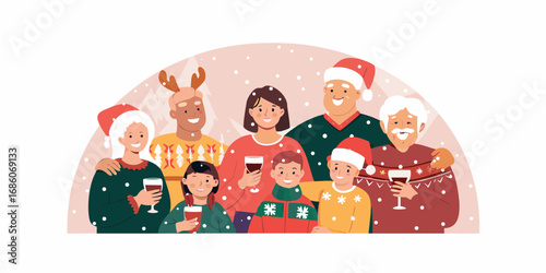 Diverse family celebrating christmas together wearing festive sweaters and holding drinks