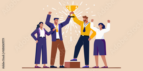 Diverse team celebrating victory holding a golden trophy on a podium with confetti and fireworks