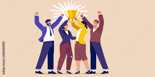 Diverse team of professionals celebrating victory holding a golden trophy aloft in triumph