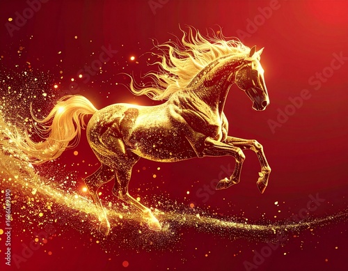 赤い背景に金色の馬が走っている