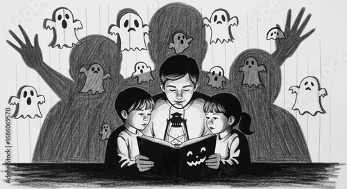 Halloween Story Time: Father and Children Reading a Spooky Book with Ghosts